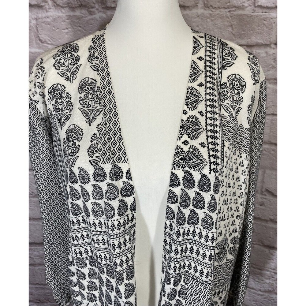 CHICOS Cardigan Sweater 3 XL Black White Handkerchief Print Ruched Sleeve 9424 - Picture 9 of 9